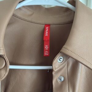 SPANX Long Sleeve Faux Leather Shirt Jacket w/slacks Toffee Camel Neutral Beige